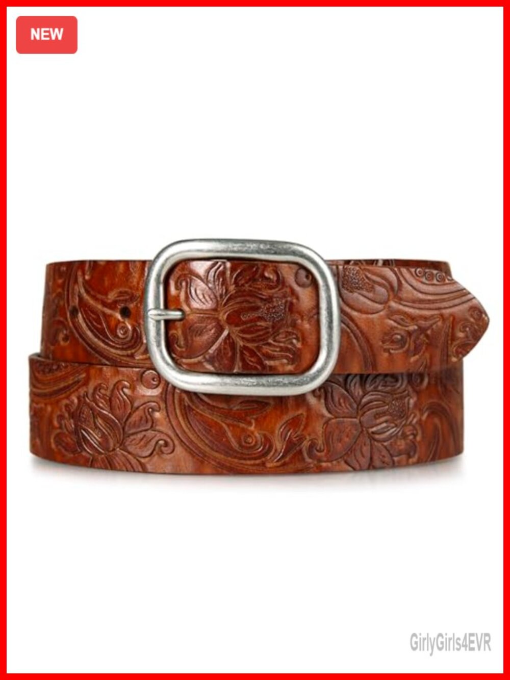 Embroidered Buffalo Leather Belt, Floral Pattern, 1.4 Inch, Roller Buckle,